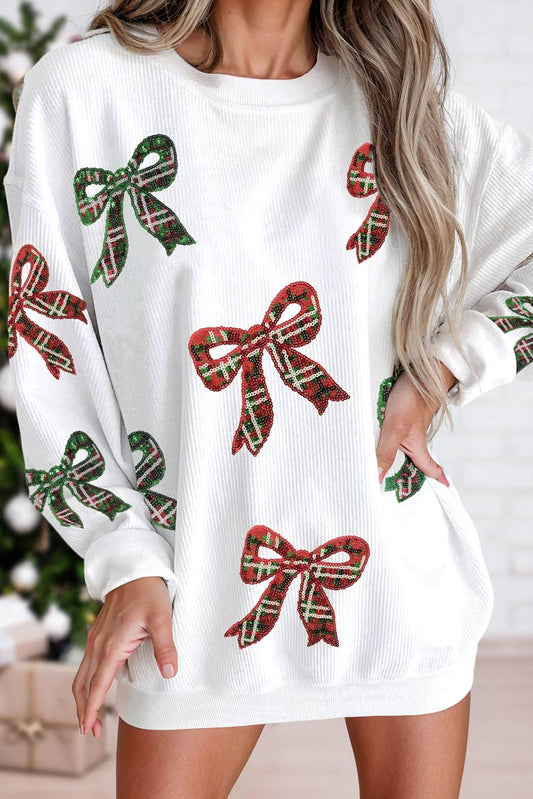 Christmas Plaid Bowknot Sequin Cord Sweatshirt