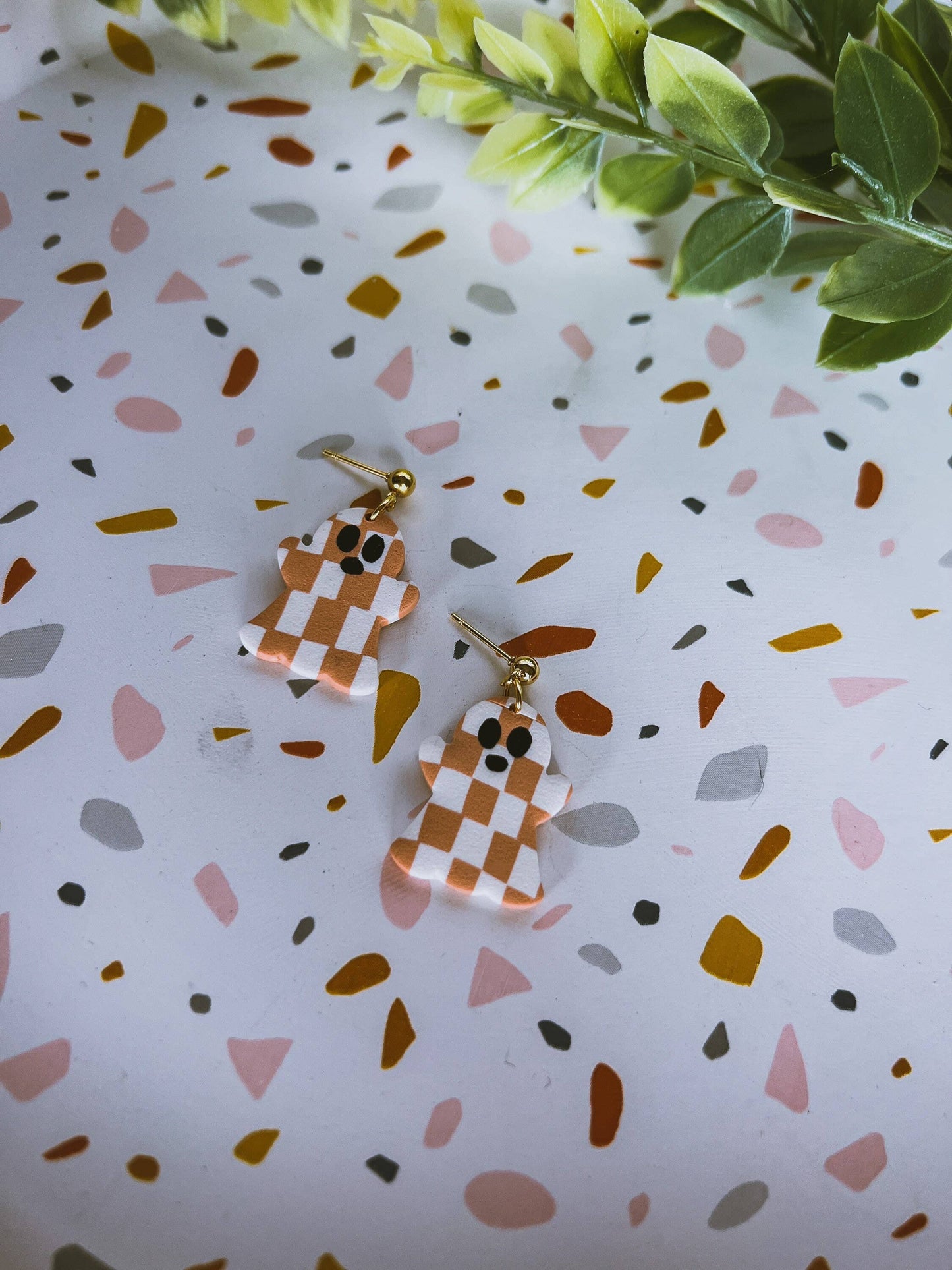 Orange And White Checker Spooky Ghost Earrings