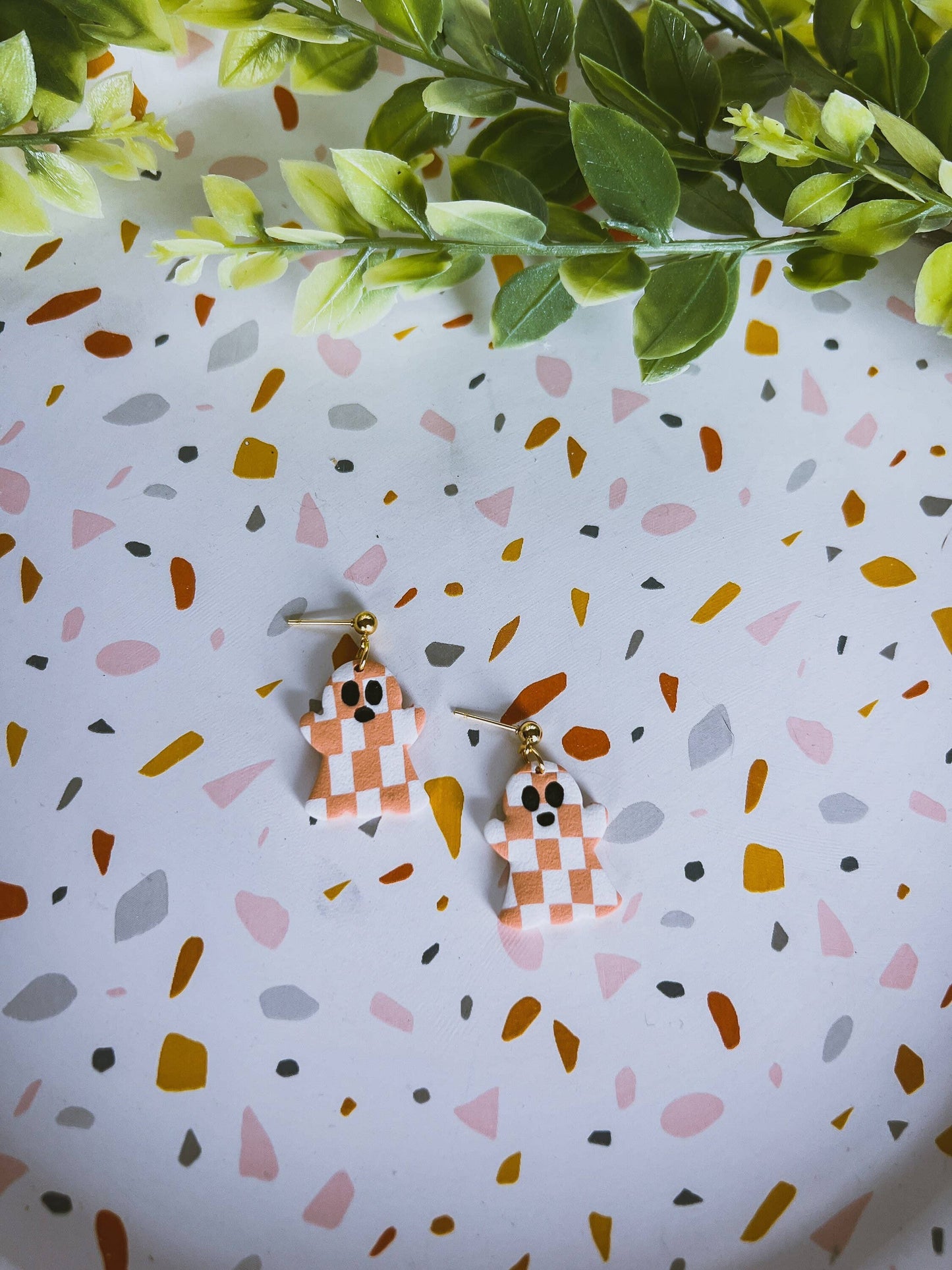 Orange And White Checker Spooky Ghost Earrings